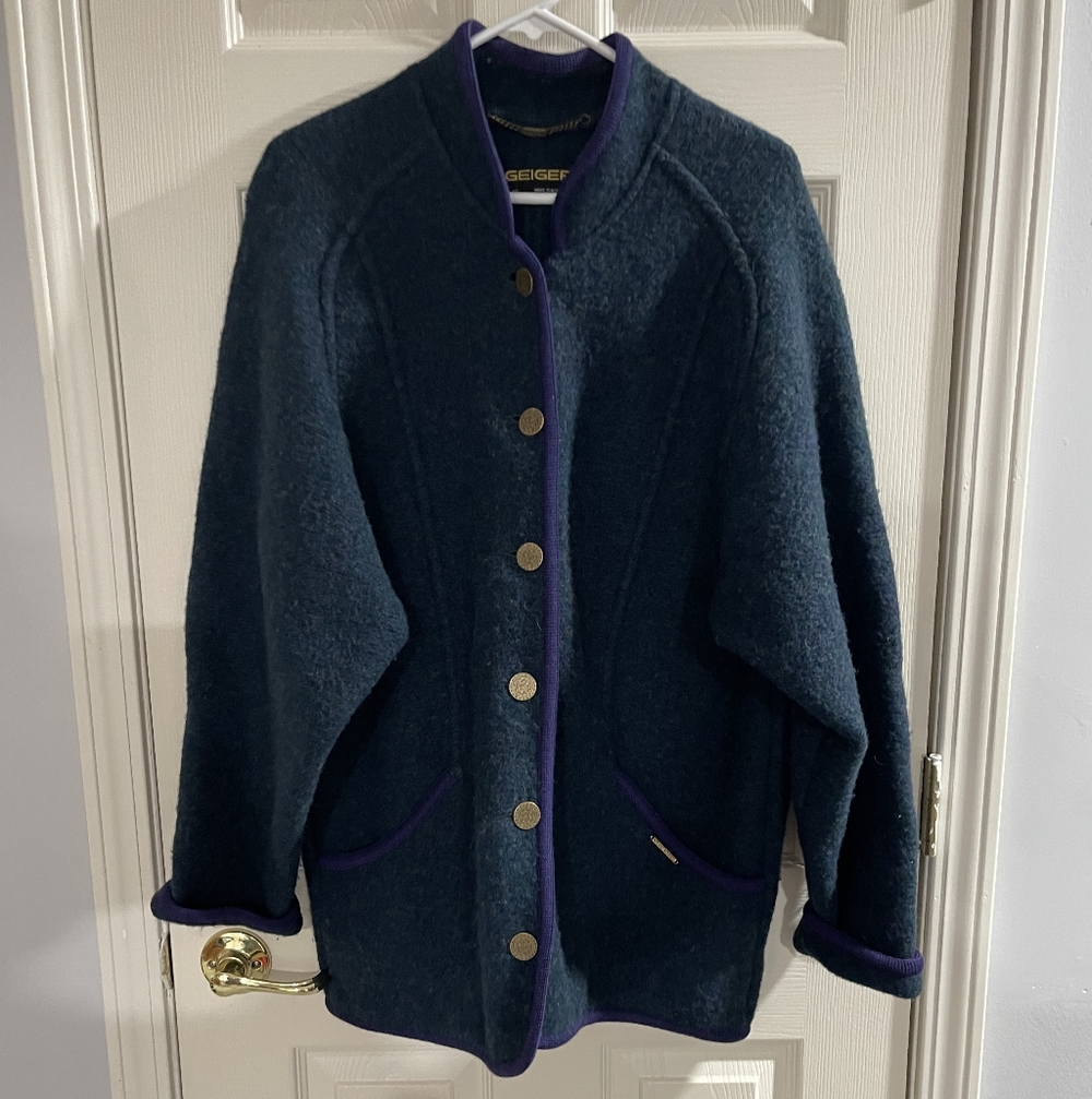 Geiger Vintage Womens Purple Green Yellow 100% Pure Wool Button Up Jacket Sz 40